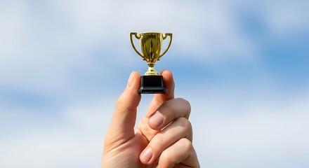 Tiny Golden Trophy Held in Hand Against Blue Sky Background