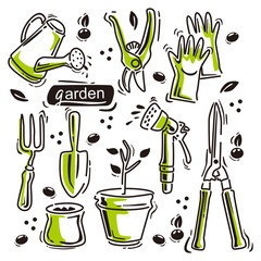 Hand-Drawn Garden Tools Illustration with Plant Pot Design