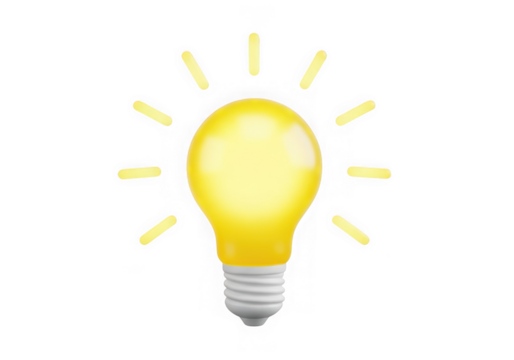 3d icon of bright yellow light bulb symbolizing a new idea, isolated on transparent background
