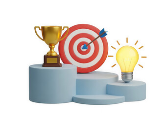 3d icon of golden trophy, dartboard with arrow, and glowing lightbulb on podiums, symbolizing success, goals, and ideas isolated on transparent background