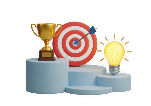 3d icon of golden trophy, dartboard with arrow, and glowing lightbulb on podiums, symbolizing success, goals, and ideas isolated on transparent background