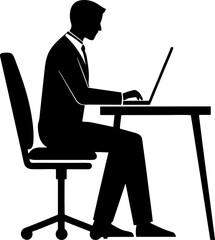 Silhouette of man working on laptop at desk office worker vector graphic