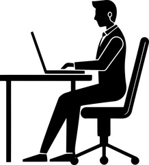 Man working on laptop at desk in office silhouette vector illustration