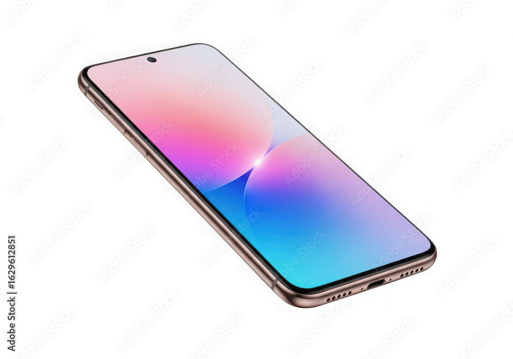 Poster 3d icon of modern smartphone with a colorful gradient screen, tilted perspective, isolated on transp