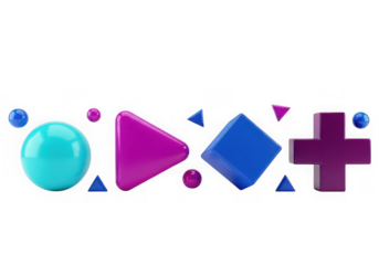 3d icon of collection of abstract geometric shapes including a sphere, triangle, square, and cross, isolated on transparent background
