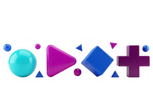 3d icon of collection of abstract geometric shapes including a sphere, triangle, square, and cross, isolated on transparent background