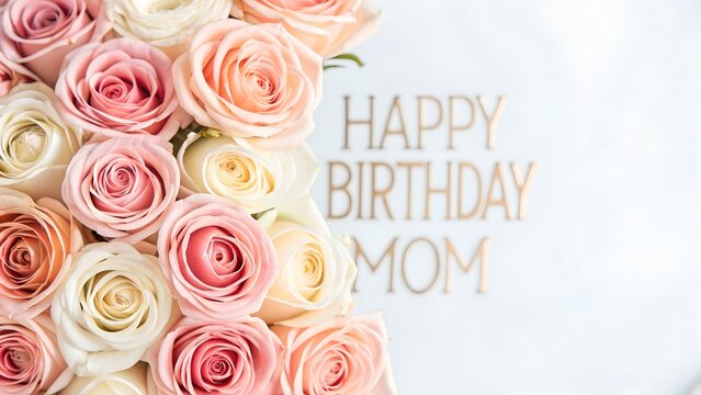 Beautiful pastel roses with happy birthday mom message
