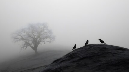 Melancholic foggy hilltop, lifeless tree and three black crows looking into the distance