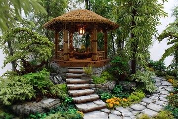 Obraz premium bamboo pavilion modern lush greenery stone pathway aesthetic 