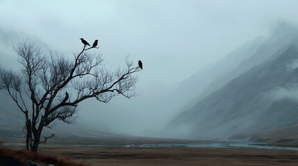 Crow is eye view of a mist-filled valley, barren tree with three crows in the foreground