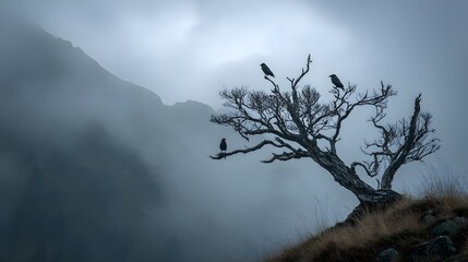 Gothic-inspired misty mountain backdrop with a dead tree and three crows