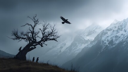 Gothic-inspired misty mountain backdrop with a dead tree and three crows