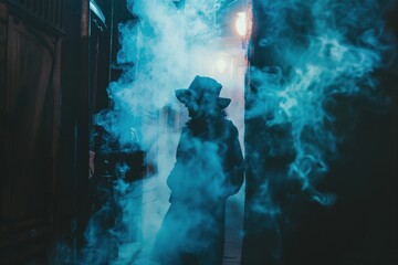 Fototapeta premium Mysterious silhouette of one person with hat stands amidst dramatic blue smoke and eerie light, creating captivating cinematic dark atmosphere perfect for thriller concepts