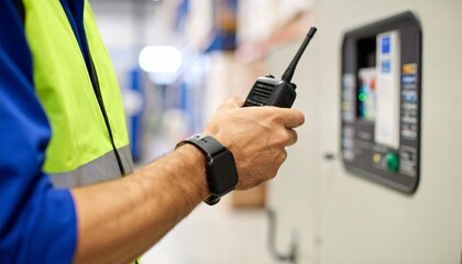 A factory worker in a blue uniform and high-visibility vest holds a two-way radio.