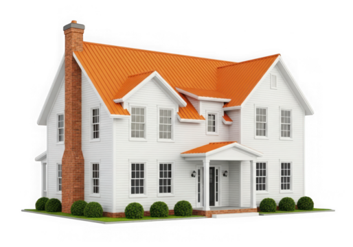 3d icon of a beautiful white suburban house with an orange roof and brick chimney, isolated on transparent background - Powered by Adobe