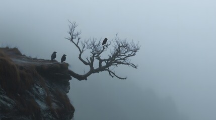 Wide cinematic shot of a barren tree on a cliff with three crows in heavy morning fog
