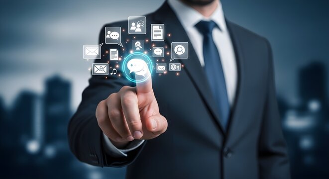 A businessman's finger touching a glowing digital interface, interacting with icons.