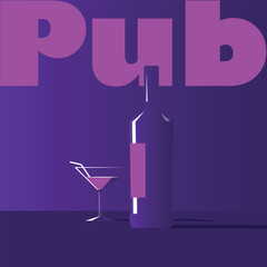 Pub banner, restaurant poster, alcohol menu, bottle, glass, flat illustration silhouette. Party design, wine list, drink party, booze, red wine, liqueur, martini, chardonnay, cabernet, merlot