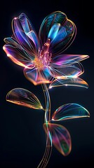 Neon glowing flowers in wireframe style, colorful light effect, abstract digital art, futuristic luminous petals and leaves, dark black background, high contrast, vibrant multicolor lines, 3D 