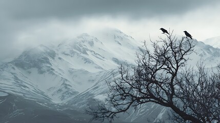 Distant snowy peaks, barren tree close-up with three crows resting on high branches