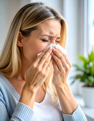 Woman blowing nose