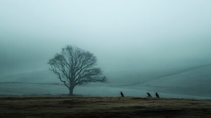 Foggy valley from above, a single leafless tree and three dark crows resting
