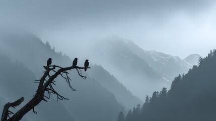 Epic panoramic of a foggy mountain range with three crows outlined on a dead tree