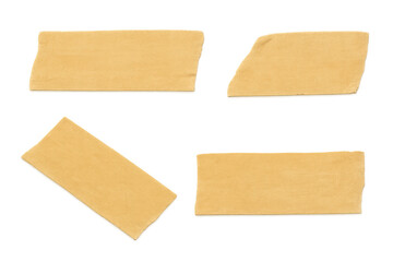 Four pieces of yellow masking tape creating blank labels on a transparent background, ready for customization