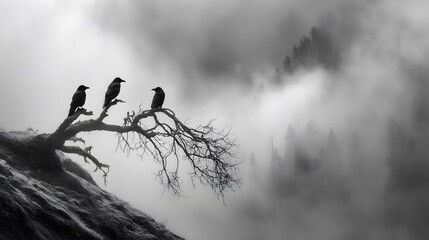 Dreamlike mountain slope with mist curling around a dead tree and three perched crows