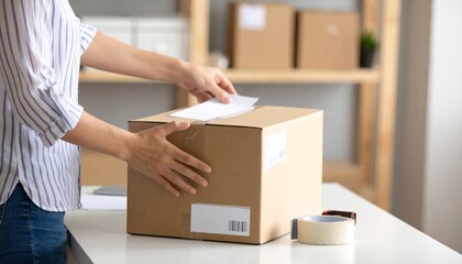 Close up of a person's hands placing a shipping document or label onto a cardboard parcel for delivery.