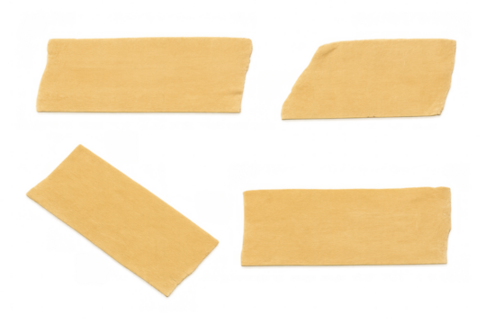 Four pieces of yellow masking tape creating blank labels on a transparent background, ready for customization