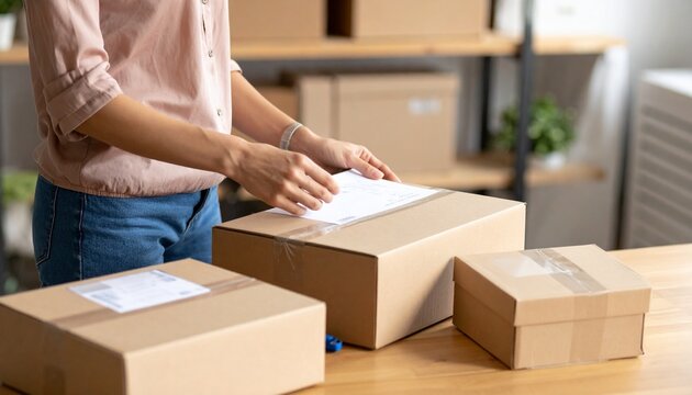 A female small business owner carefully applies a shipping label to a cardboard package before sending it to a customer. - Powered by Adobe