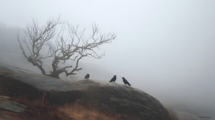 Overgrown rocky terrain, three crows watching from a barren tree in a sea of fog