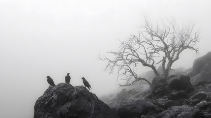 Overgrown rocky terrain, three crows watching from a barren tree in a sea of fog