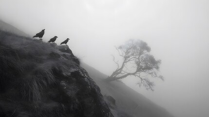 Misty mountain edge with a single eerie tree, three crows casting long shadows