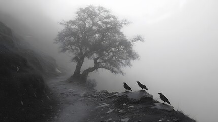 Abandoned mountain path leading to a tree with three crows in dense fog