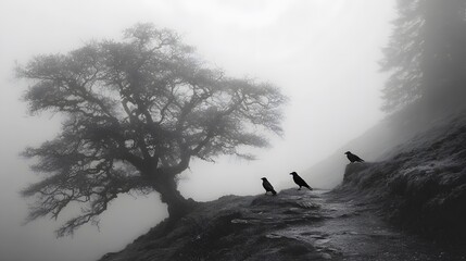 Abandoned mountain path leading to a tree with three crows in dense fog