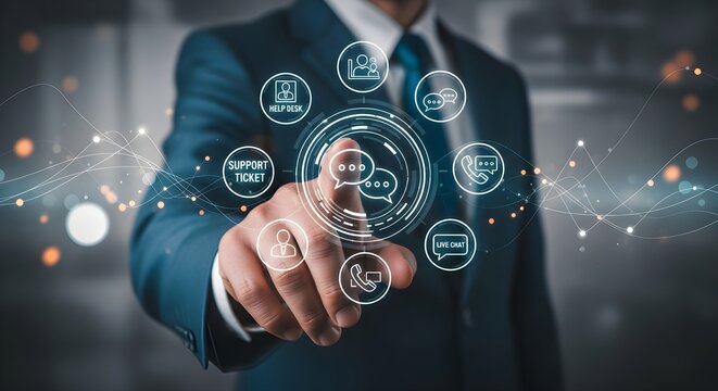 Businessman interacting with a holographic interface displaying various communication and service icons.