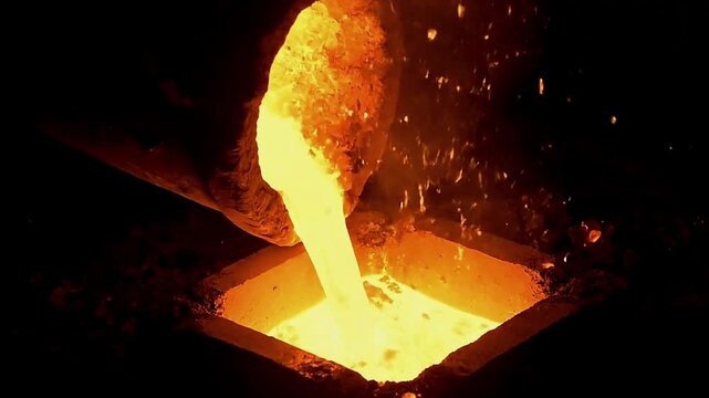 Molten liquid pouring into square sparks flying around - Powered by Adobe