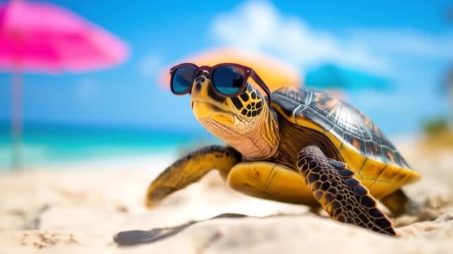 Cool Turtle on Tropical Beach: Sunglasses, Sandcastles, Summer Fun!