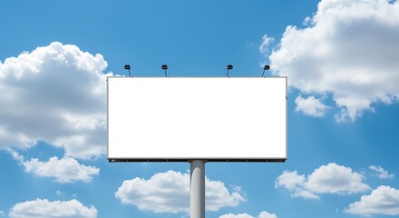 A blank billboard stands tall against a vibrant blue sky filled with fluffy white clouds on a sunny day