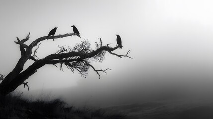 Atmospheric ridge with glowing fog, dead tree and three crows in silhouette