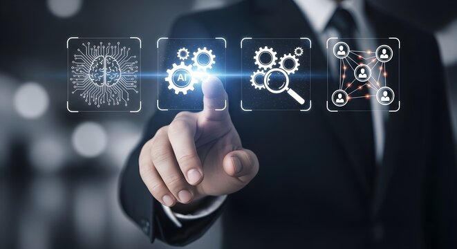 A businessman in a suit interacts with a digital interface displaying AI, automation, analysis, and networking icons.
