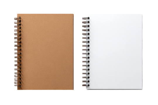 Two spiral-bound notebooks, one tan, one white, side-by-side