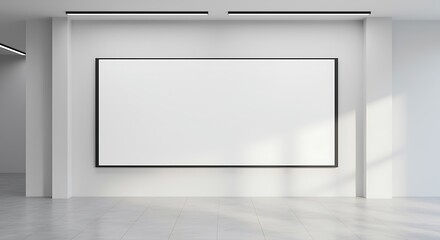 A blank white canvas with a black frame hanging on a white wall in a minimalist white room space