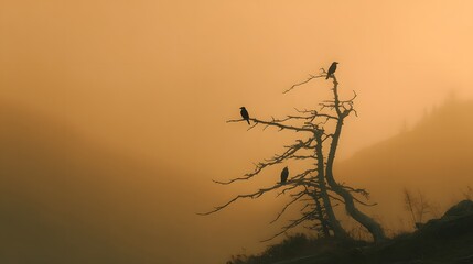 Atmospheric ridge with glowing fog, dead tree and three crows in silhouette