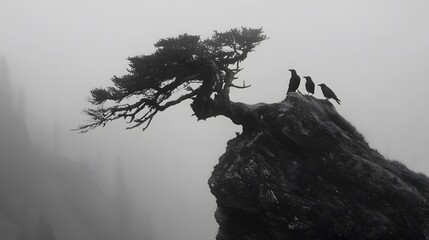 Wind-carved alpine crag with a twisted tree and three alert crows in thick mist