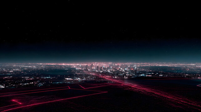 clusters floating above an abstract tech city with shifting lines and colors