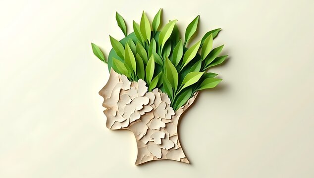 A human head silhouette made from torn paper pieces, with green leaves emerging from within, symbolizing healing and mental health awareness.

