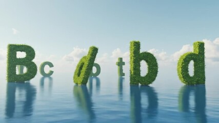 Lush green letters floating on tranquil water under a bright blue sky with fluffy clouds - Powered by Adobe